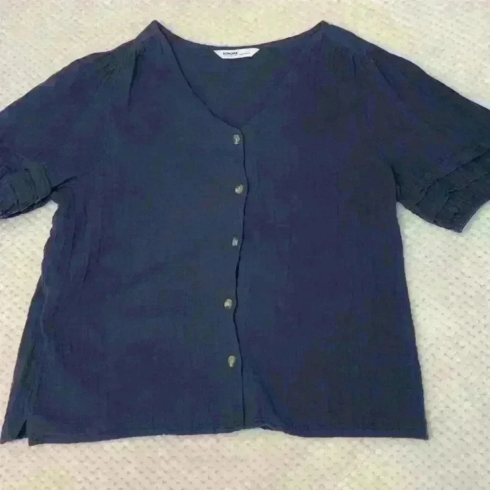Sonoma navy Blouse sz L lightweight casual cotton summer gauze natural fibers
